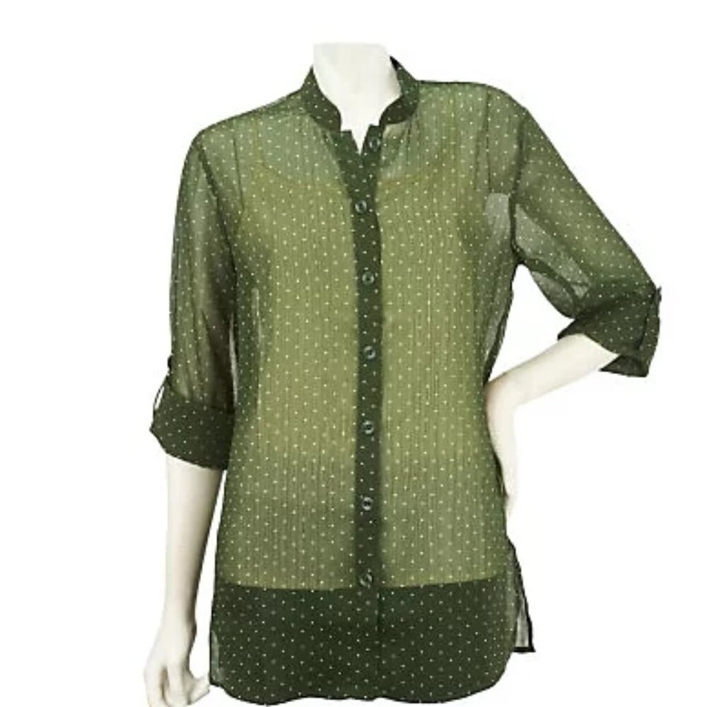 Susan Graver Polka Dot Printed Chiffon Button Down Shirt Roll-Tab Sleeves NWOT